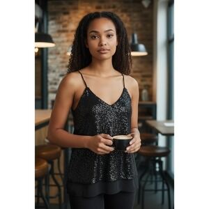 Bisou Bisou Michele Bohbot Womens Black Sequin‎ Camisole Top Adjustable Straps S